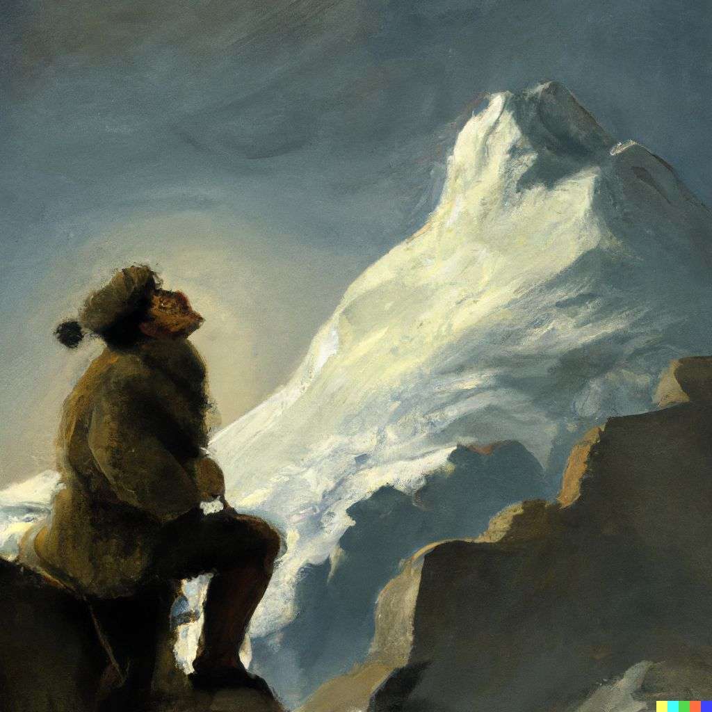 someone gazing at Mount Everest, painting by Francisco de Goya